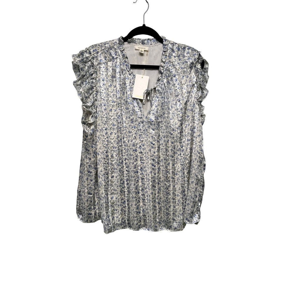 Tamara H 3X Blue Floral Metallic Ruffle Sleeveless Blouse Cottagecore Fairycore
